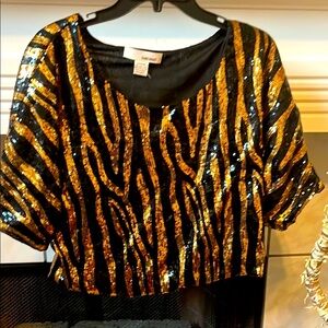 Sequin Zebra Print Top - Black and Gold